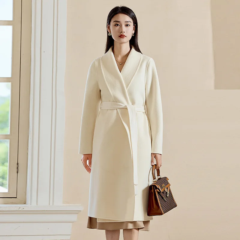 High-count wool double-sided cashmere coat for women's medium and long small white simple collar autumn and winter woolen coat