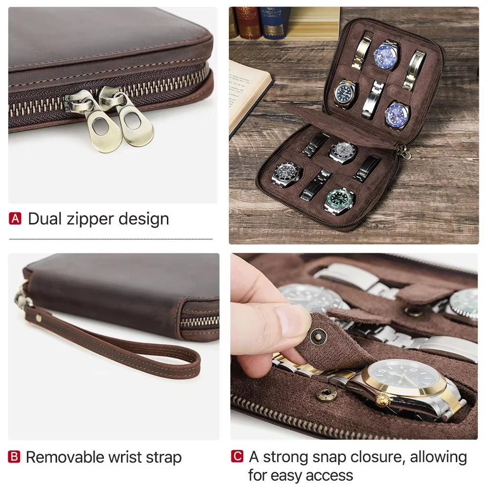 2/4/6 Slots Watch Storage Box Carry Case Watches Display Organizer Watch Box Holder Display Genuine Leather Zipper Watches Case - view 4