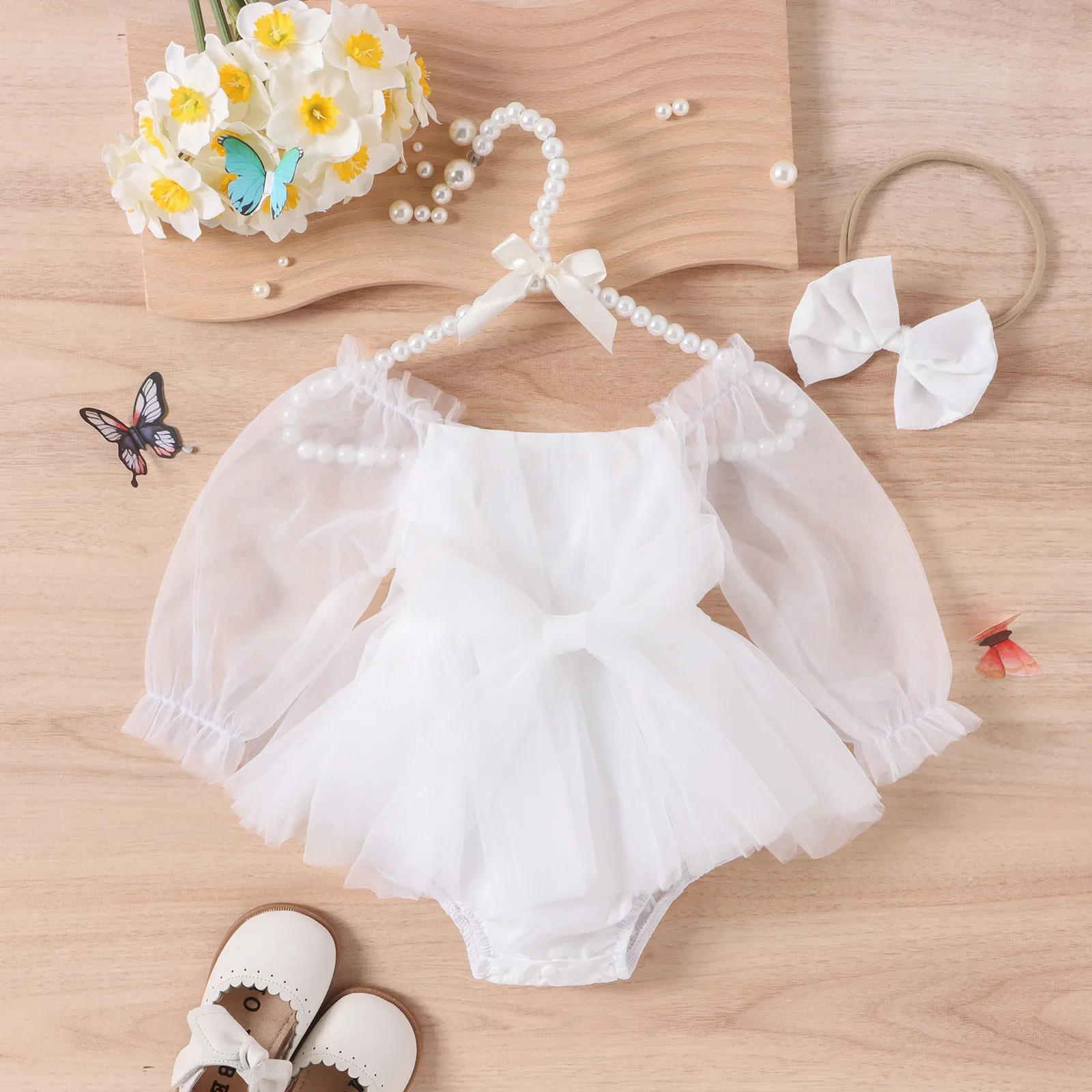 Infant Girl Rompers Dress Mesh Long Sleeve Lace Skirt Hem Jumpsuits Newborn Clothes Baby Bodysuits With Headband Princess Dress