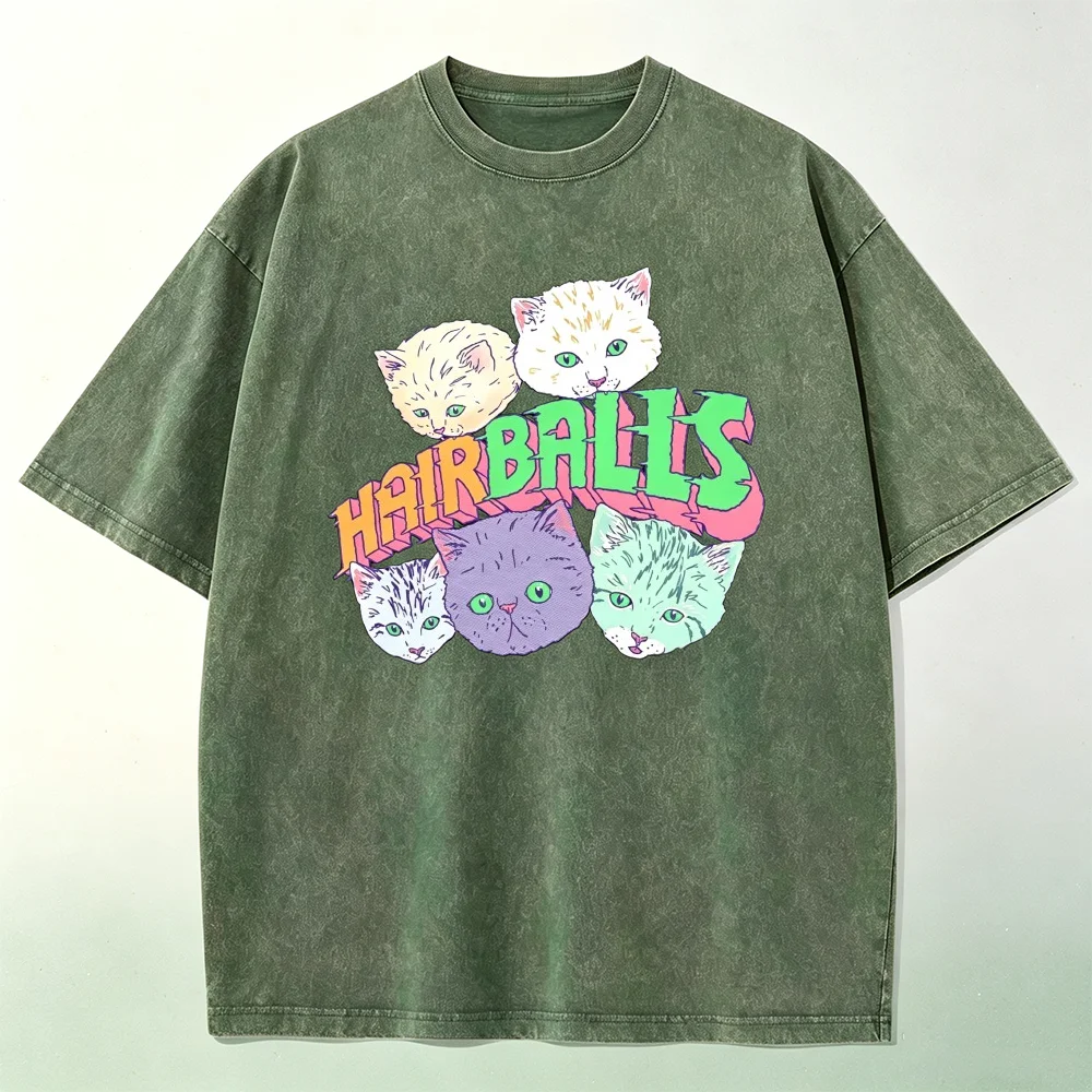 Vintage Washed Cat Graphic T‑Shirt Unisex Retro Colorful Kitten Print Oversized Short Sleeve Streetwear Casual Tee