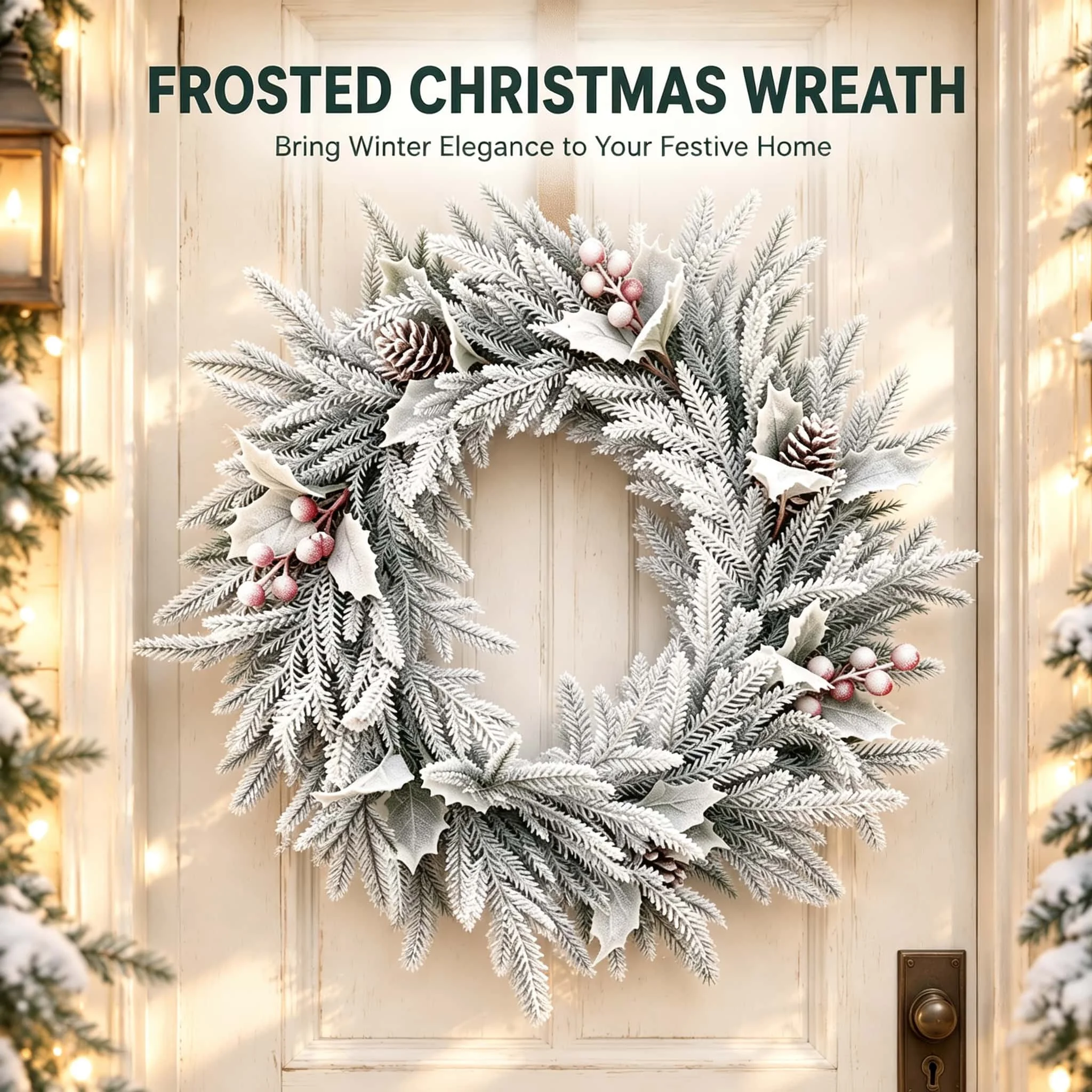 Frosted Artificial Christmas Wreath Snow Flocked Pine with Holly, Red Berries & Pinecones, Front Door Farmhouse Xmas Wall Decor