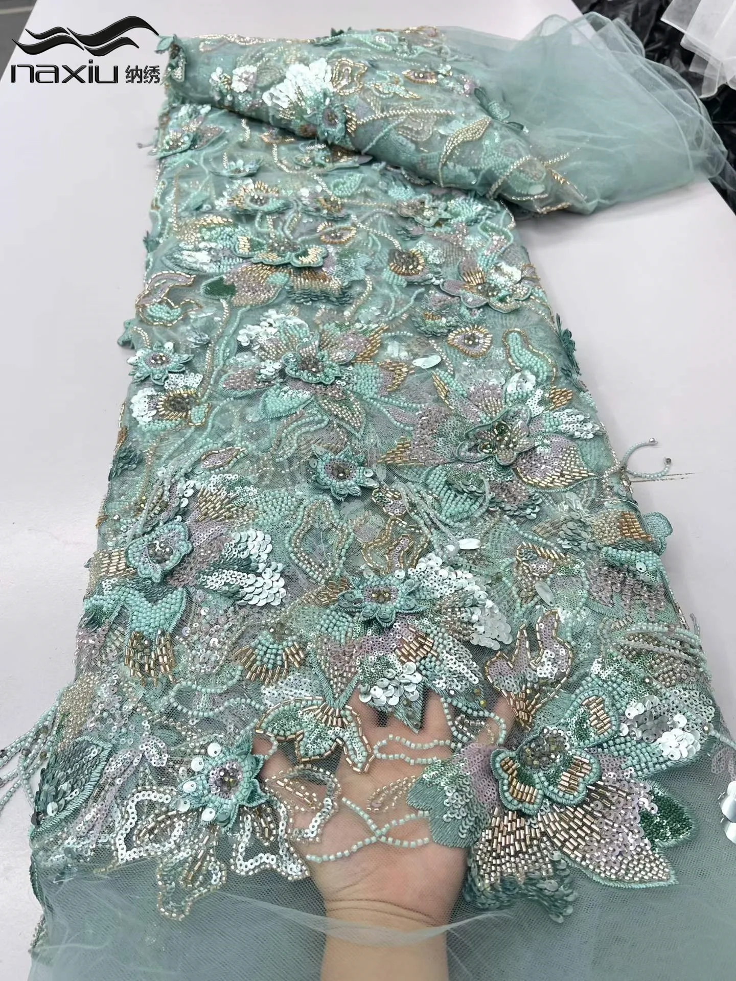 Madison High Quality Sequins Beaded Embroidery Groom Nigerian Bridal Lace Fabric 5 Yards French Tulle Lace Wedding Dress
