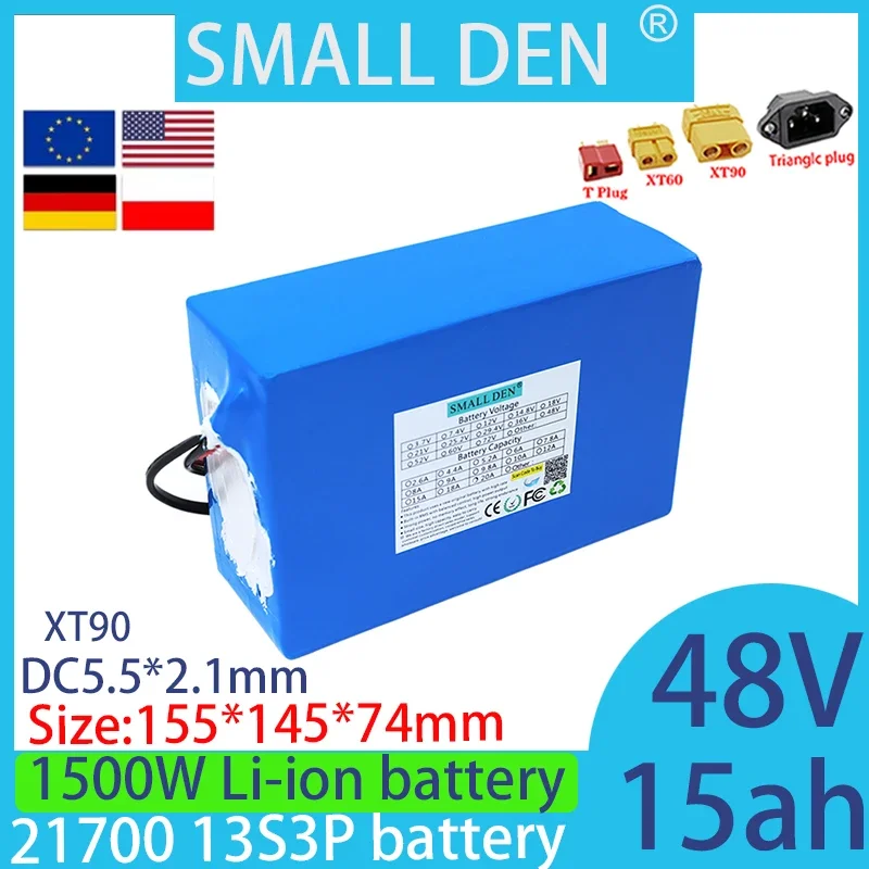 New 48V 15AH lithium-ion battery pack 21700 13S3P solar built-in BMS scooter bicycle rechargeable cycle battery750W 1500W