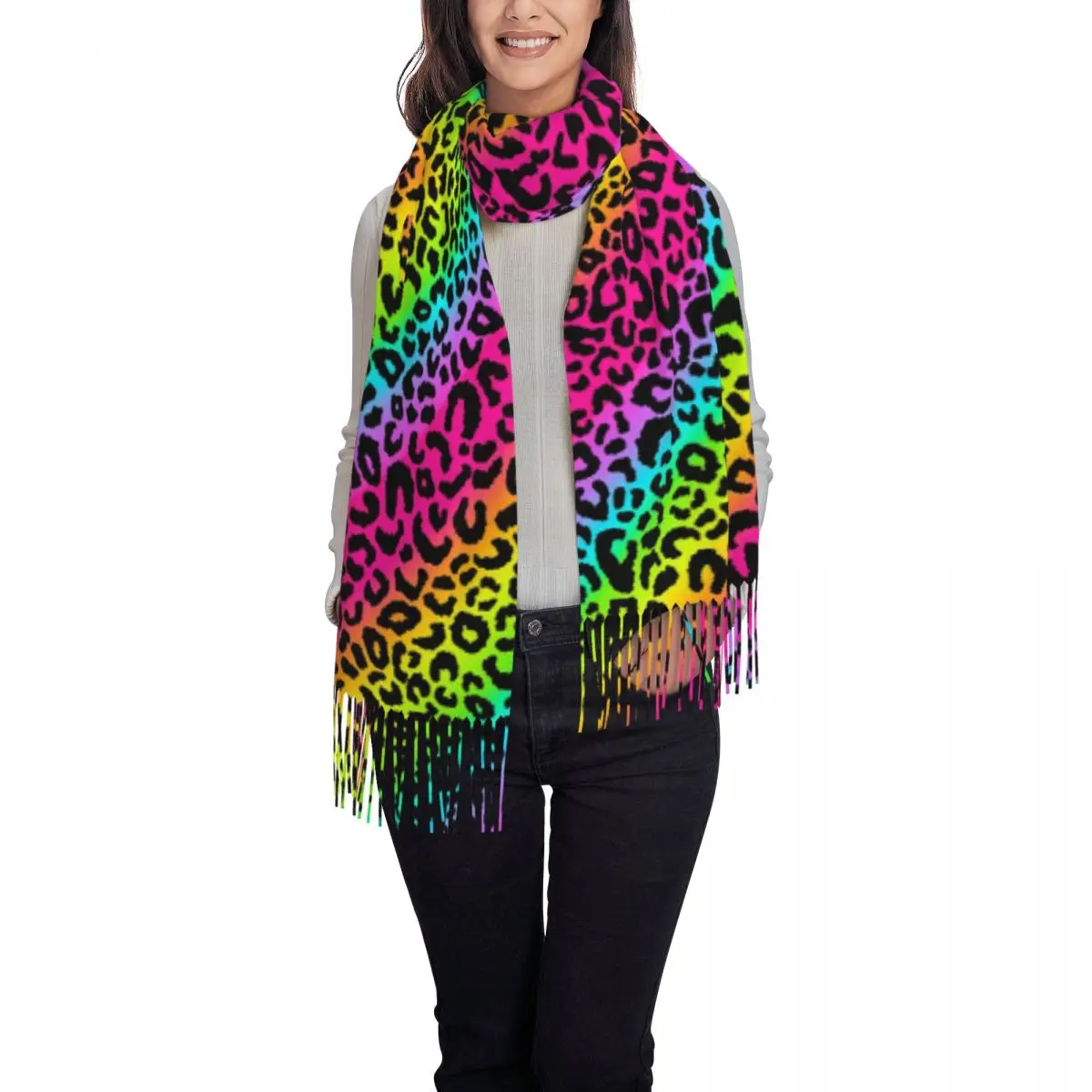 Colorful Rainbow Leopard Spots Pattern Scarf Tassel Scarves for Women Soft Warm Shawls and Wraps Long Fall Winter Shawl Wrap