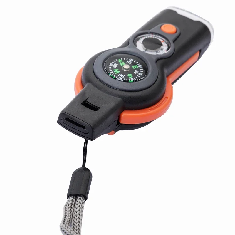 7-in-1 Multi-functional Whistle Outdoor Compass Thermometer LED Light Survival Flashlight Reverse Mirror Magnifying Glass