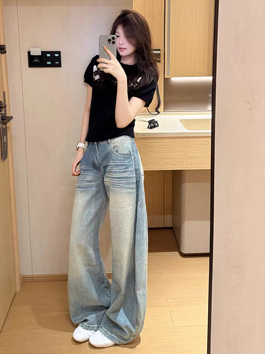 Low Waist Wide Leg Jeans Women's Spring Summer Slimming Straight Cut American Retro Knife  Denim Pants for Pear Shaped Body
