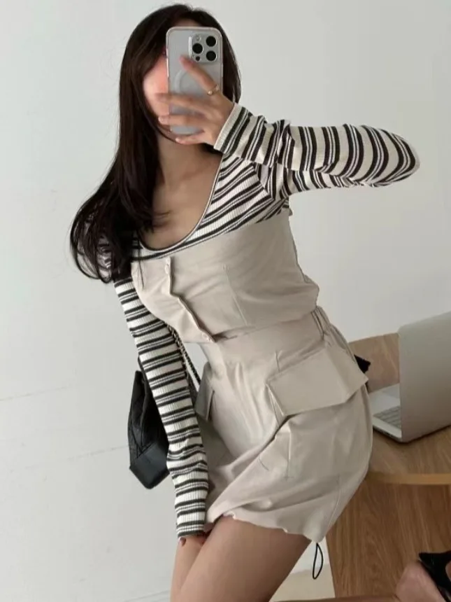 

Spring New Faionable Korean Sle Women's Set Dstring Wrap Chest Top + Waist Cinching Design ort Skirt Two-Piece Set