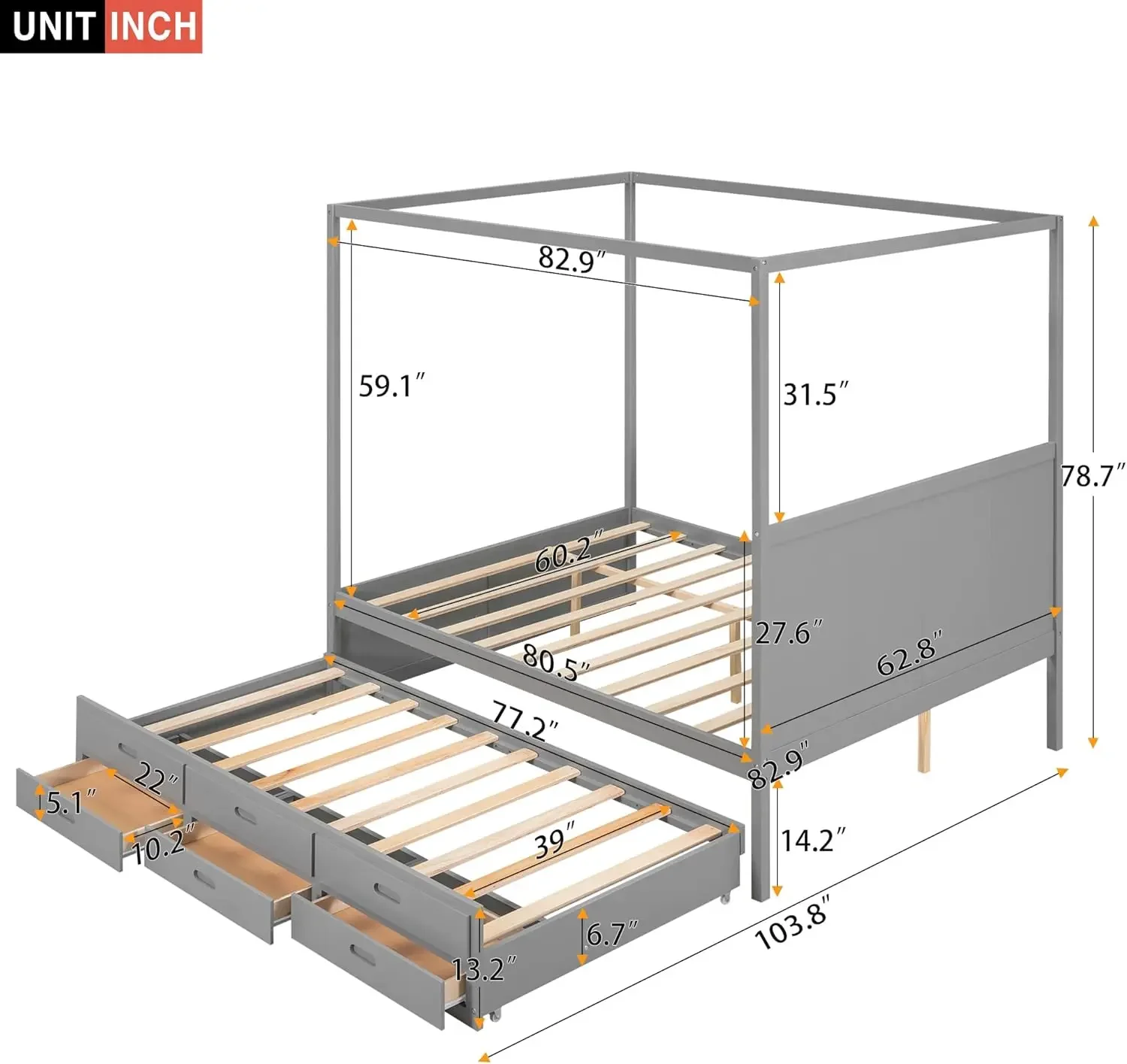 Queen Size Canopy Platform Bed With Twin Trundle And Three Storage Drawers, Wooden Daybed Frame Beds For Kids Teens Boys