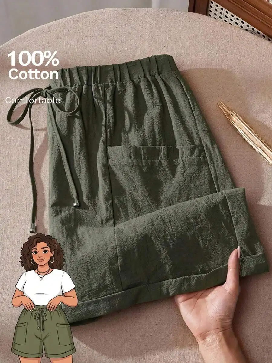 

Olive Green Plus Size Loose Cotton Shorts With Drawstring Waist And Front Pockets For Casual Spring Summer Wear