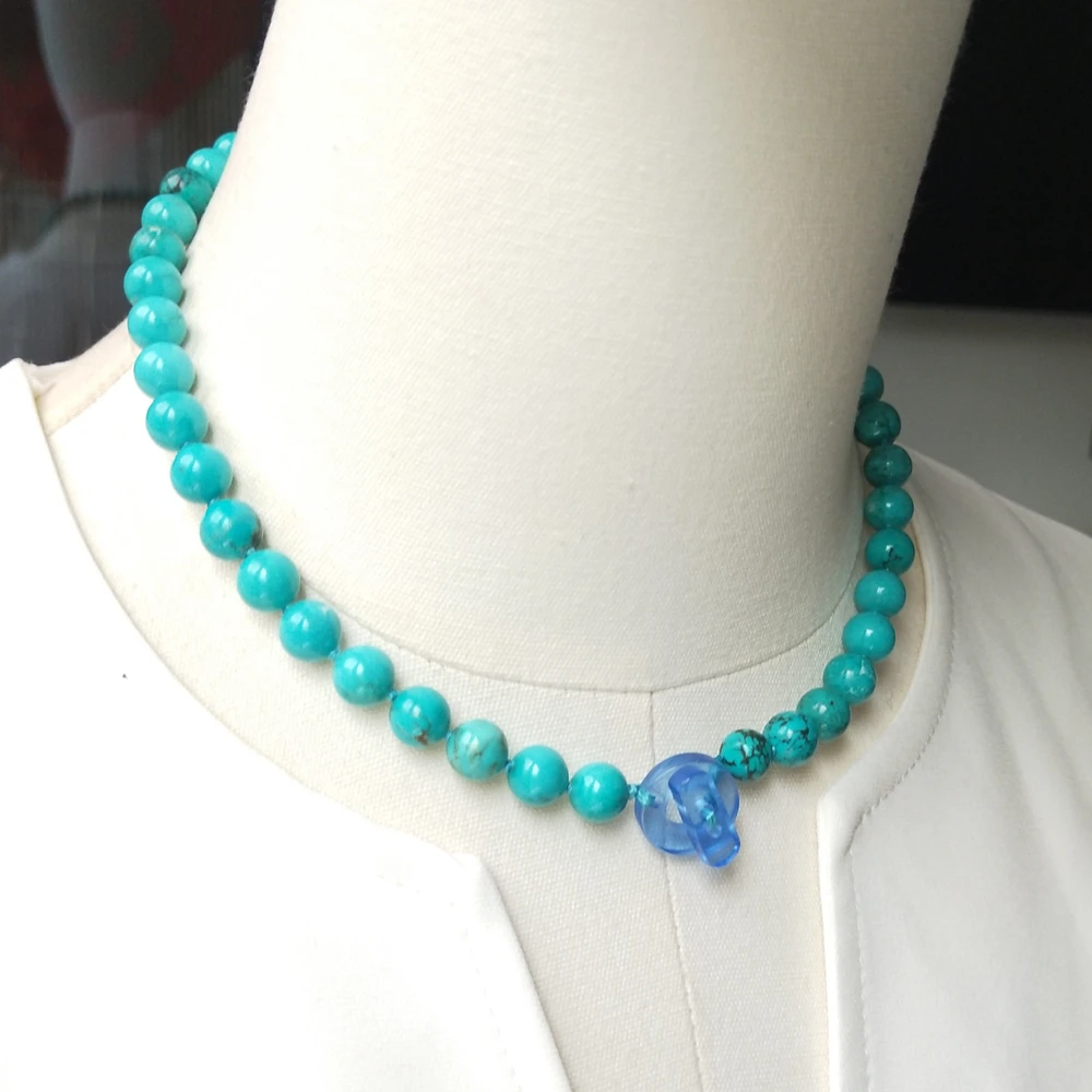 Vei Ji-Collier en pierre véritable pour femme, collier bleu turquoise, cadeau bijoux, 8mm, 44cm