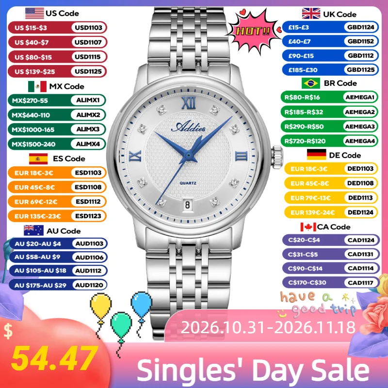 ADDIES Business Watches for Women AW25913 Sapphire Glass Czech Rhinestone Waterproof Ladies Watches Stainless Steel Wristwatch