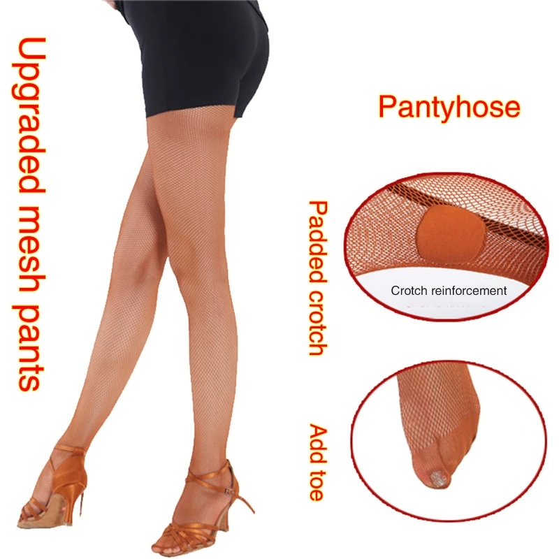 Women Professional Latin Dance Fishnet Tights Seamless High Stretch Mesh Net Stretch Footed Stockings Solid Pantyhose