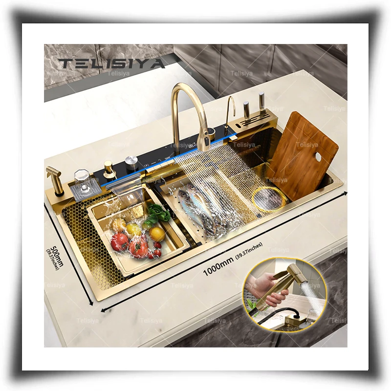 Gold Waterfall Stainless Steel Kitchen Sink Whole Set 100x50cm Large Smart Sink With Pull-out Faucet For Hotel Use
