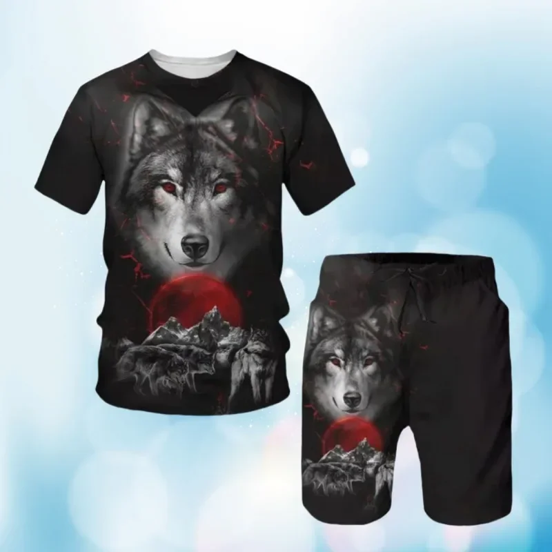 Conjunto de camisetas masculinas animal o lobo impressão carta shorts agasalho 2 peça roupas verão oversized homem roupas moda streetwear