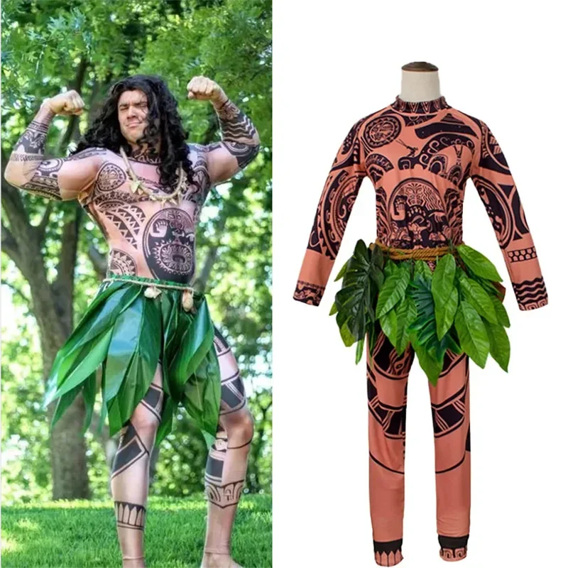 3PCS Moana Maui Tattoo Cosplay Costume Adult Child Halloween Anime Moana Girls Boys Party Carnival Cosplayer Clothing Suit