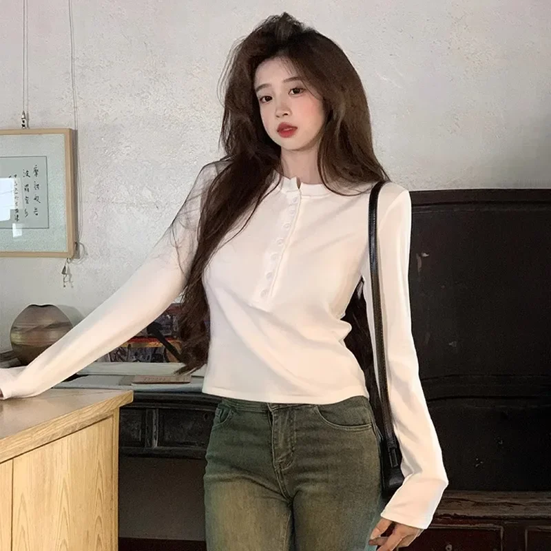 Autumn Winter Y2k Crop Women Long Sleeve T Shirt V Neck Slim Pullovers Solid Basic Button Tee Female Streetwear Casual Base Tops