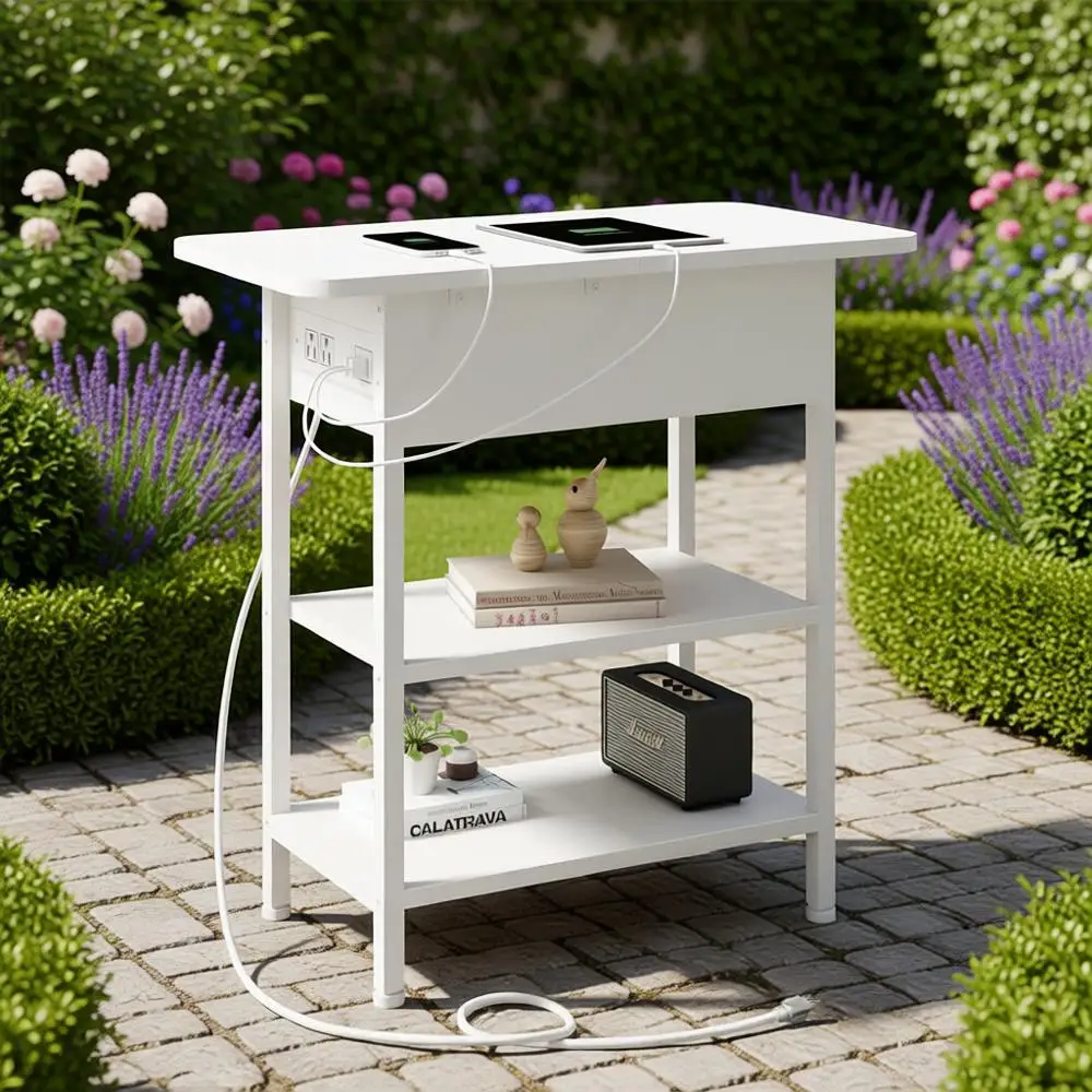 

White Charging Station Nightstand with USB Ports and Outlets for Small Spaces