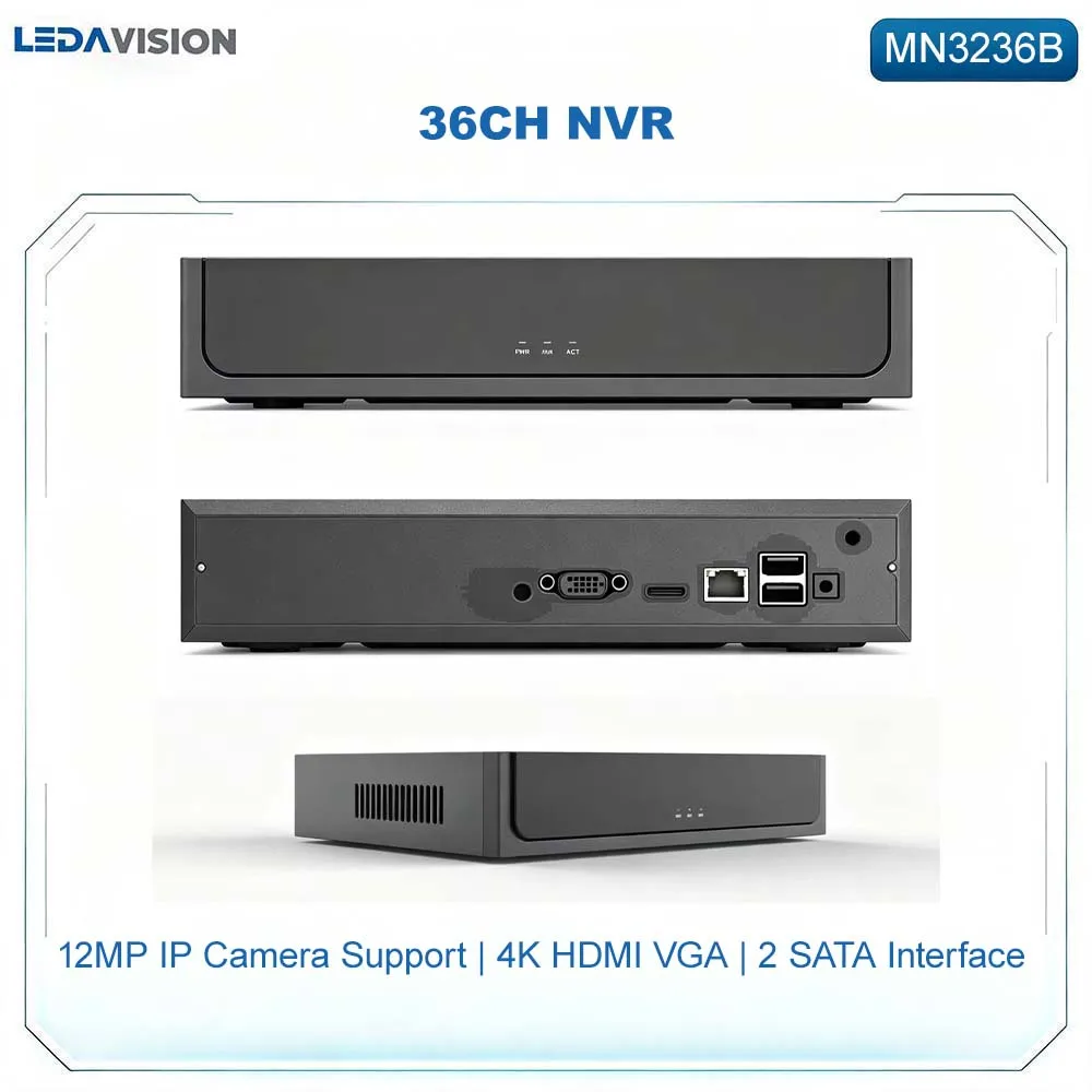 MN3236B NVR 36CH 12MP IP Camera 4K HDMI VGA Output 2 SATA Interface P2P Cloud Video Recorder ONVIF & RTSP
