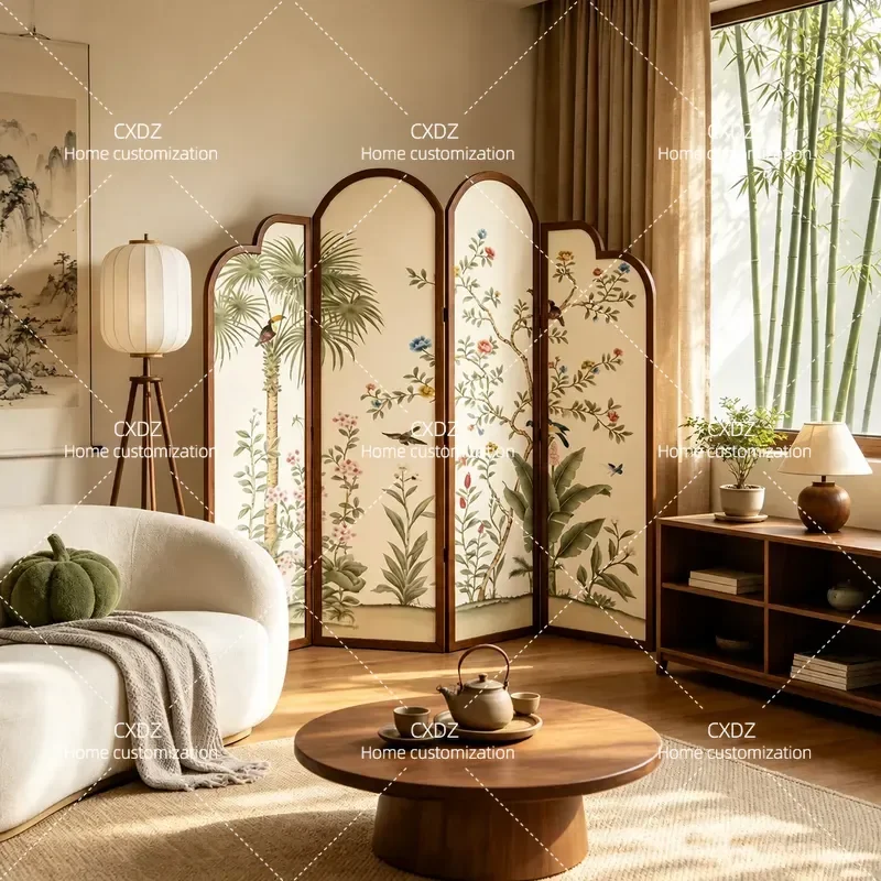 French Medieval Style Nanyang Flower Bird Screen Folding Partition for Living Room Entrance Bedroom Decorative Mobile Room