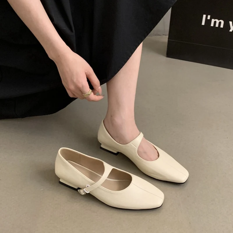 2024 New Autumn Flats Shoes Women Fashion Thick Heel Square Toe Buckle Strap Gold Sliver Mary Jane Shoes Female Ballerinas Mujer