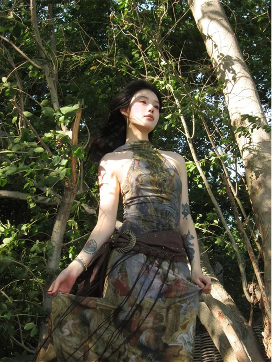 RORORIRI Vintage pittura a olio dolcevita abito intero ritagliato senza schienale gonna lunga per abiti da donna abito da spiaggia per le vacanze croce