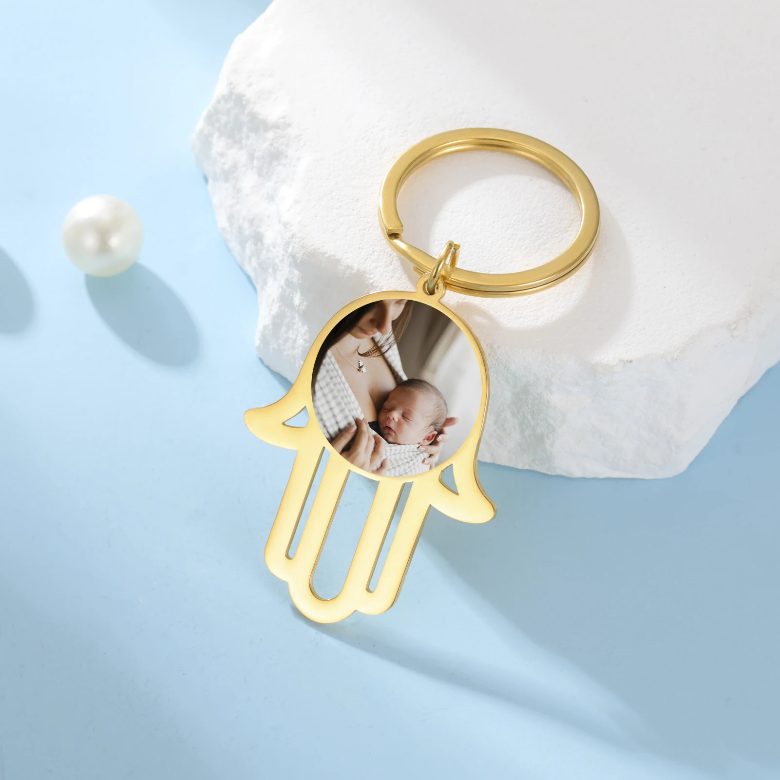 Customized Photo Fatima Hand Keychain Stainless Steel Personalized Single-Sided Printing Photo Keychain Family Lucky Gift