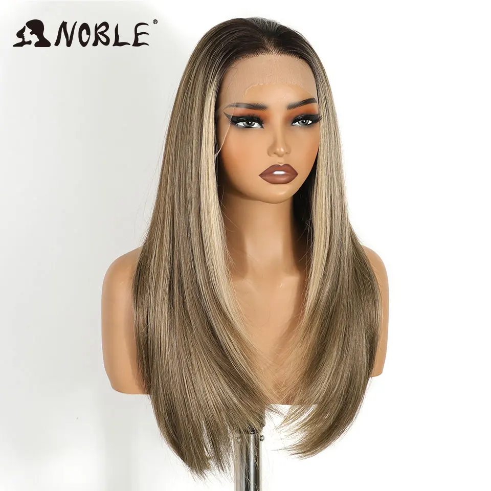 24 Zoll 13x6 Lace Front Perücke Synthetische Perücke Ombre Braun zu Aschblond Glatt Bestseller Schneller Versand Hitzebeständige Klebefreie Perücke – Detail 8