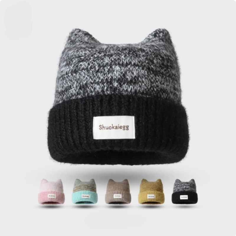 

Японская модная вязаная шапка с кошачьими ушками для женщин, зимняя милая и теплая универсальная шапка с черепом для защиты ушей