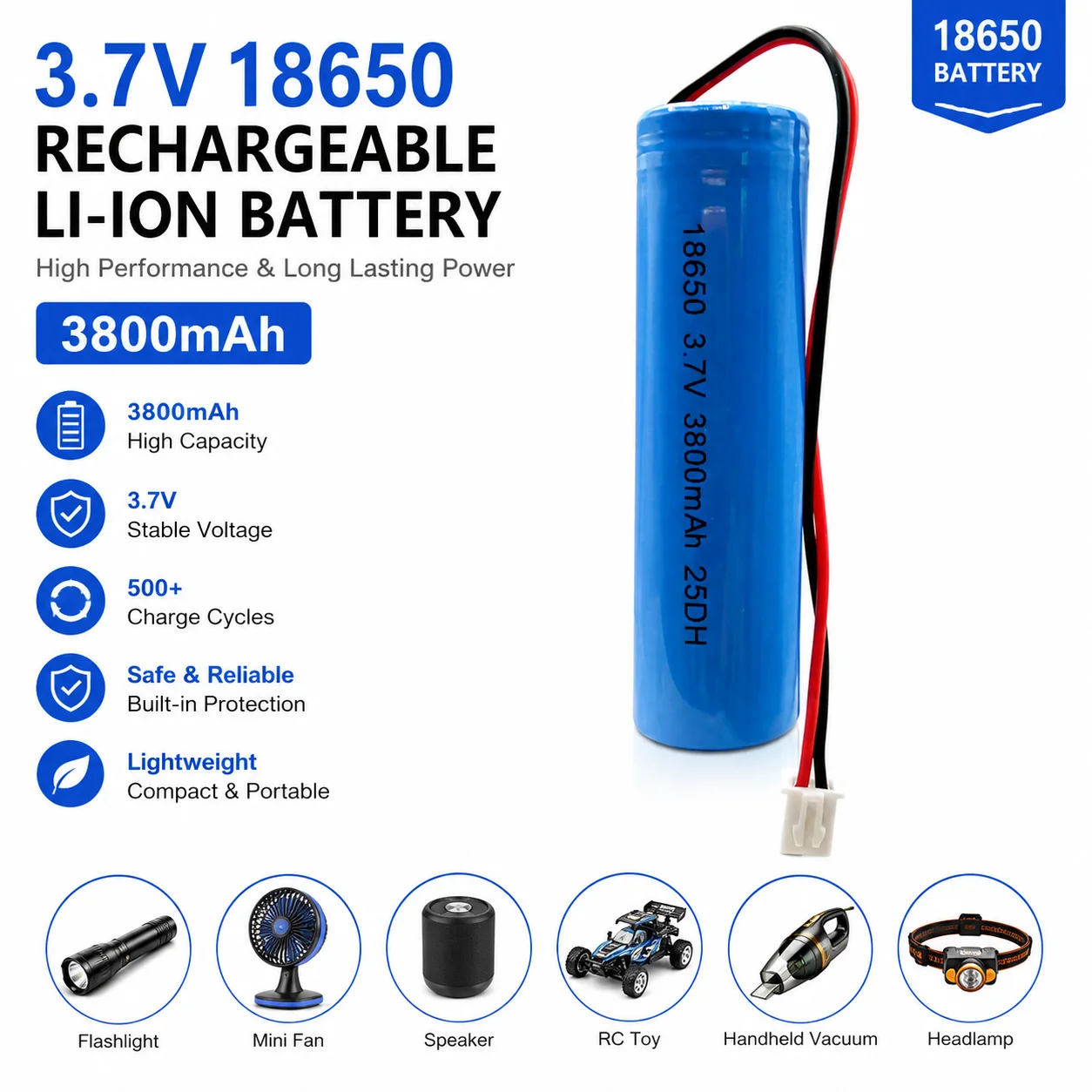 3.7V 18650 3800mah Lithium Battery for Flashlight Bluetooth speaker Hair Clipper Led Light Toy Car + PCB Protection Board