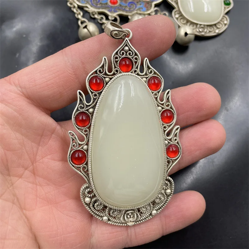 Inlaid White Drop Large Tibetan Silver Lock Sweater Chain Jade Pendant