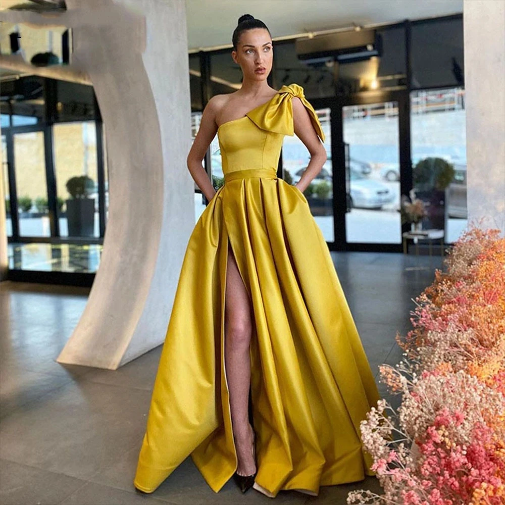 Angelsbridep giallo elegante una spalla abiti da sera in raso donna semplice una linea fessura abito da ballo con fiocco Robes De Soirée