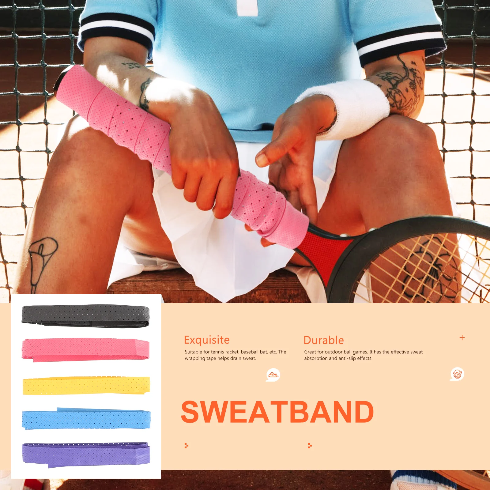 5 Pcs 댐퍼 라켓 스웨트 밴드 테니스 미끄럼 방지 랩 오버 그립 낚싯대 벨트
