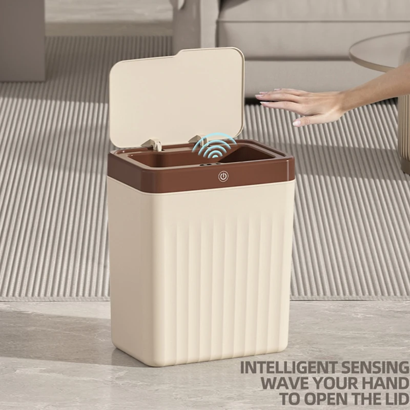 10L Intelligent Induction Trash Can Kitchen Storage Smart Bucket for Bathroom Kitchen Trash Can Khaki-A57M