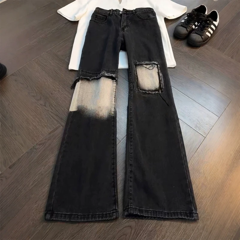 Broken Hole Splicing Jeans Men's High Street Straight Tube