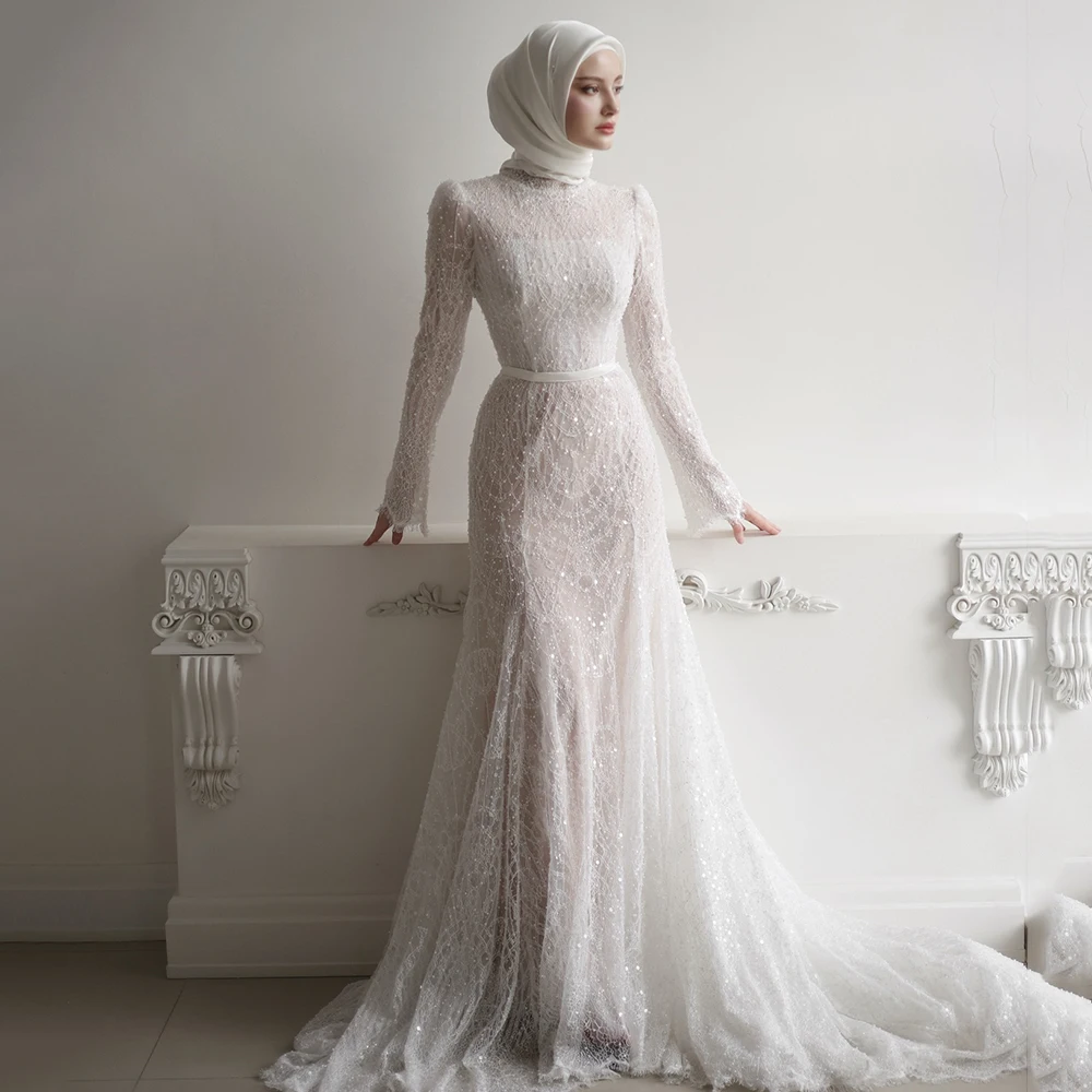 

Customized O-neck Simple Lace Mermaid Evening Dress ILLUSUION Full Sleeves Draped Party Dress Sweep Train Floor Length Prom Gown