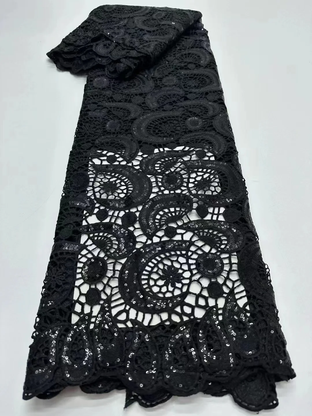 Black Guipure African Lace Fabric 5 Yards for Wedding Dress 2023 High Quality Sequins Swiss Voile Milk Slik French Lace Sewing