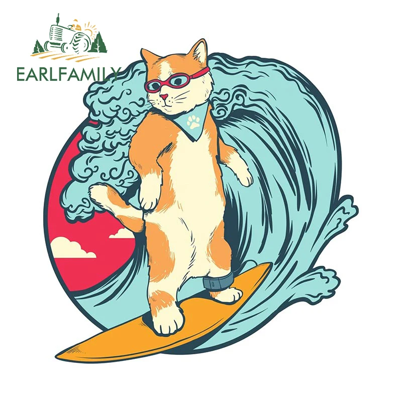 EARLFAMILY 13cm x 12.6cm for Cat Surfing Car Stickers Anime Waterproof Decals Scratch-Proof Windows Trunk Car Door Protector