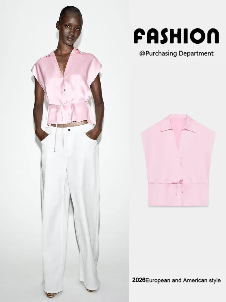 

Summer New Arrival Women's Sleeveless Collared Shirt with Belt 3081399 620 3081399 700 Traditional Chinese Style Top