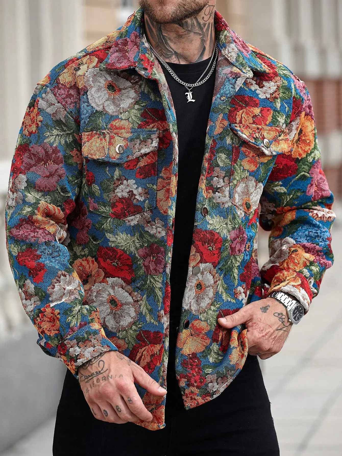 Men Retro Floral Jacquard Long Sleeve Jacket, Art Oil Painting Flower Print, Lapel Button Down, Textured Fabric, Loose Casual Street Top, Multi-Color Available for Spring and Autumn