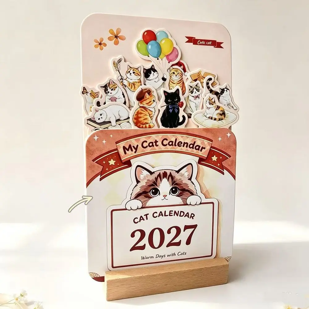 Gifts Paper 2027 Desk Calendar Wooden Base Monthly Wooden Table Calendar Floral Artwork Home Office Calendar Table Decoration