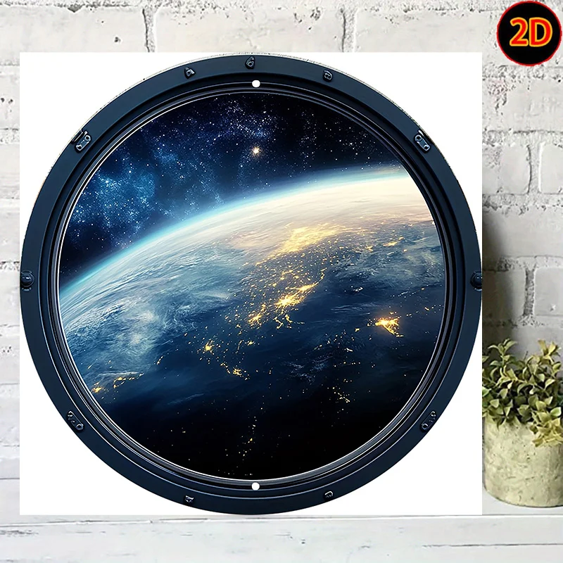 2D Flat, Round Metal Sign Space Porthole Earth Universe Landscape Metal Wall Art Home Living Room Background Wall Decor Painting