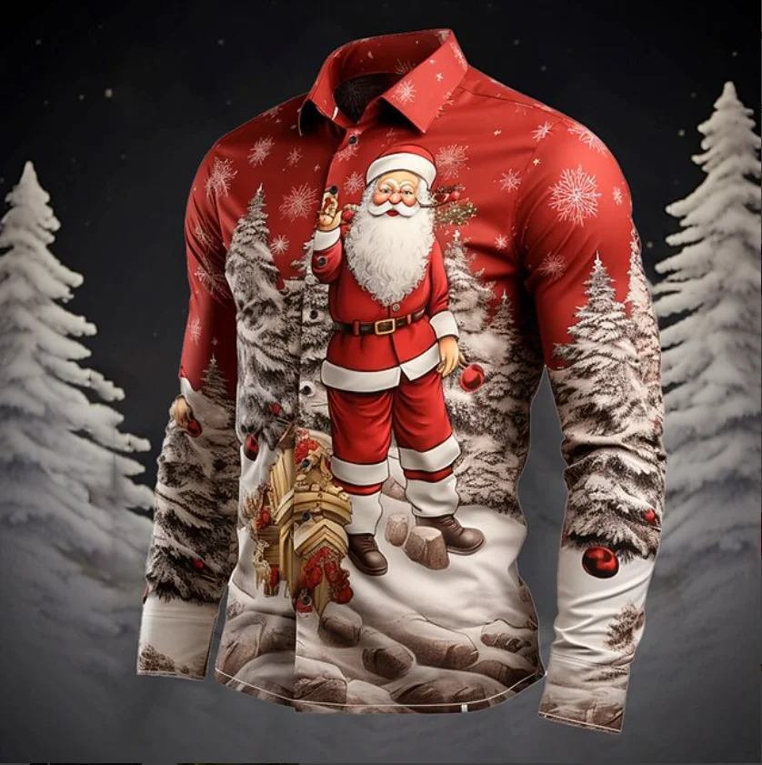 Christmas Theme Men Casual Long Sleeve 3D Star Printed Street Party Long Sleeve Shirt Santa Hot Sale