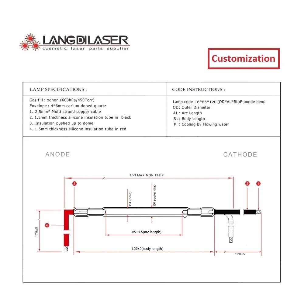 Customization Xenon Arc Lamp / Size 6*80*120F Anode Cable Bend / Lamp's OD6mm / AL80mm / BL120mm