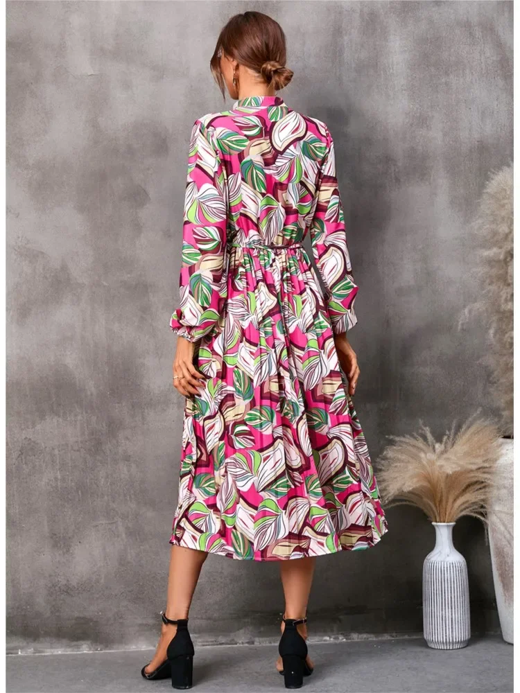 Robe plissée mi-longue à lacets pour femmes, nouvelle mode d'automne, imprimé feuilles, taille moyenne, manches longues, col de chemise, décontractée, confortable