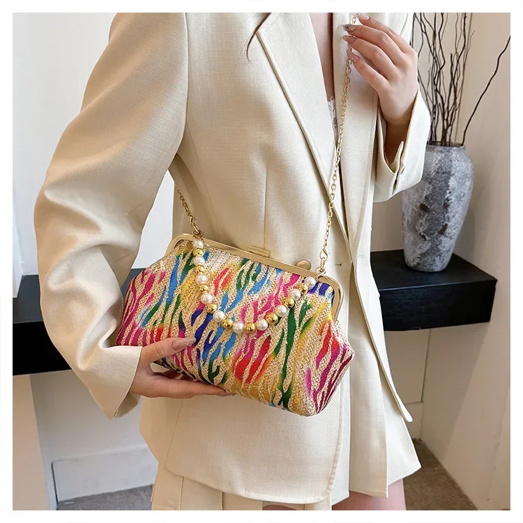 Fashion Colorful Stripe Seashell Shape Evening bags Pearl Beaded Handbag For Women Classic Retro Small Clutch Party Shoulder Bag