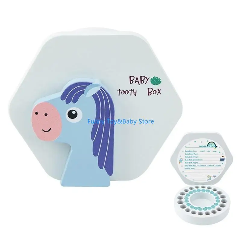 C90B Cartoon Wooden Baby Tooth Box English Milk Teeth Holder Souvenir Storage for Case Box