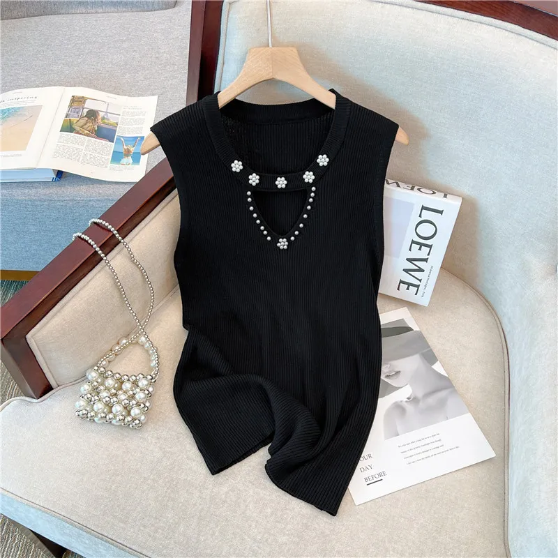 2024 Summer Plus Size Sexy weater For Women Sleeveless Pearl Beaded Knit Tops Female Pullover Outwear Clothing Free Shipping