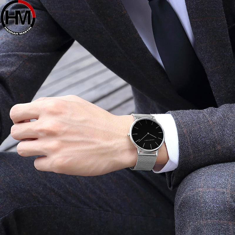 Hannah Martin Ultra Thin Quartz Men Watch Stainless Steel Mesh Watches Men Simple Fashion Business Japan Wristwatch Clock Male