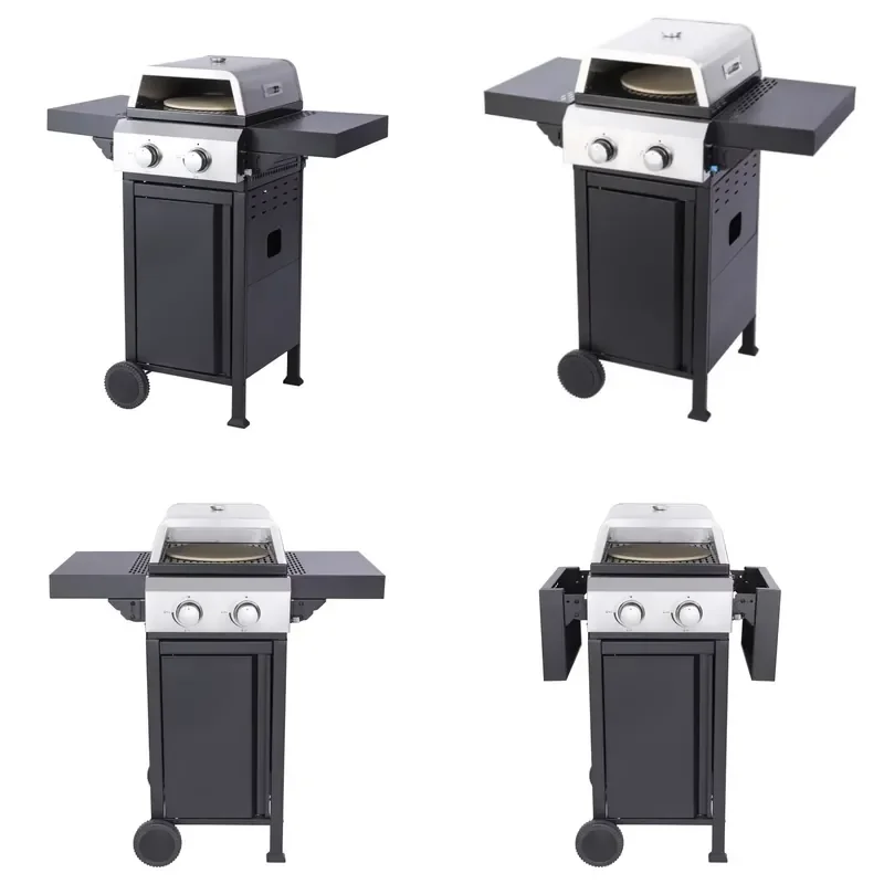 2 Burner Propane Gas Grill with Pizza Box Enamel Wire Cooking Grate Foldable Side Table Hanging Basket for Outdoor BBQ