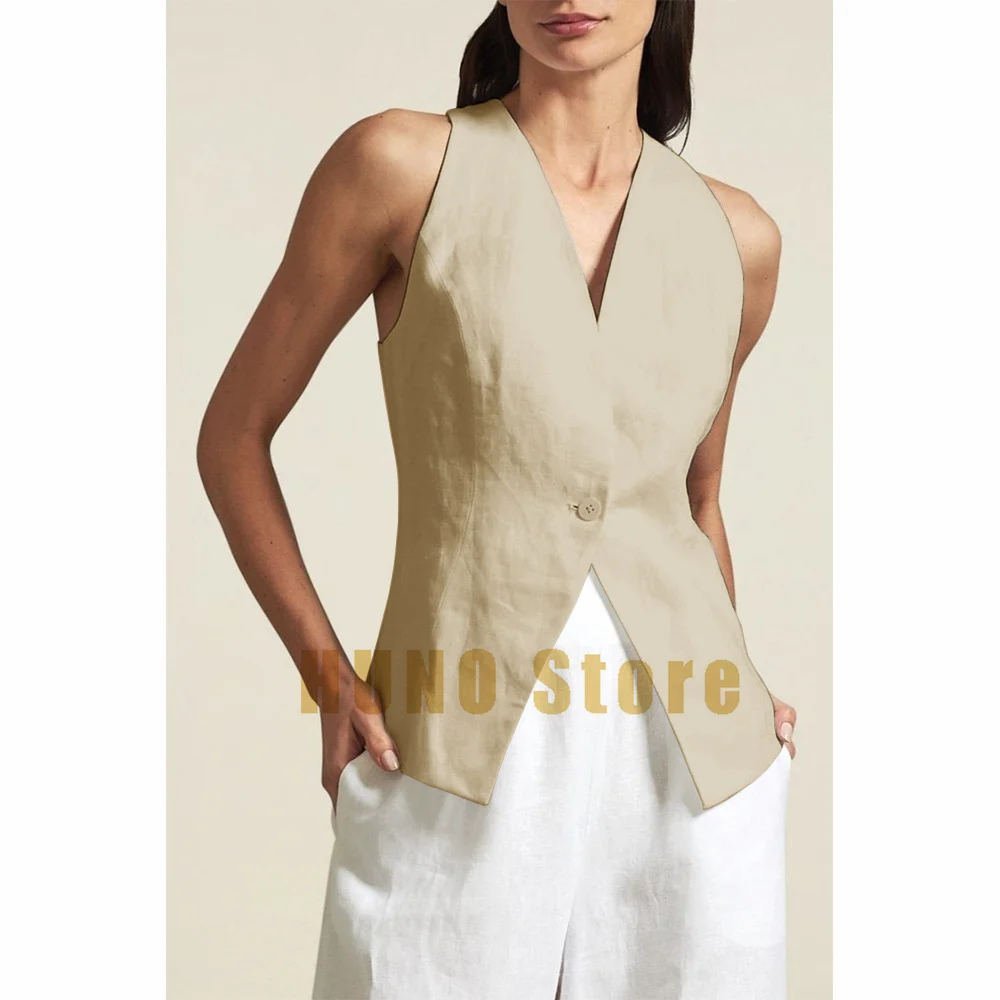 Women\'s Summer Thin Vest Female Linen Fabric Sleeveless One Button Slim Slim Fashion V Neck Elegant Solid Color Ladies Vest